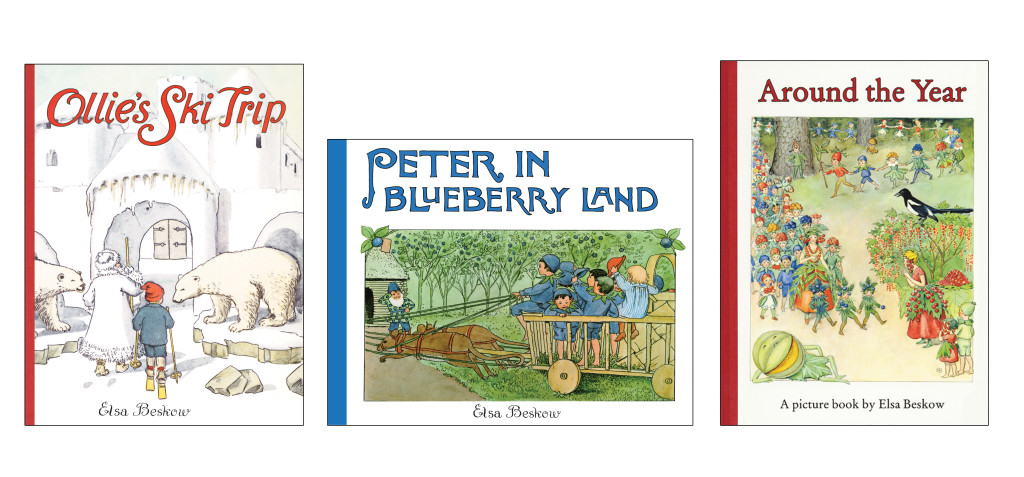 Three of Elsa's best-loved books; 'Ollie's Ski Trip', 'Peter in Blueberry Land' and 'Around the Year'